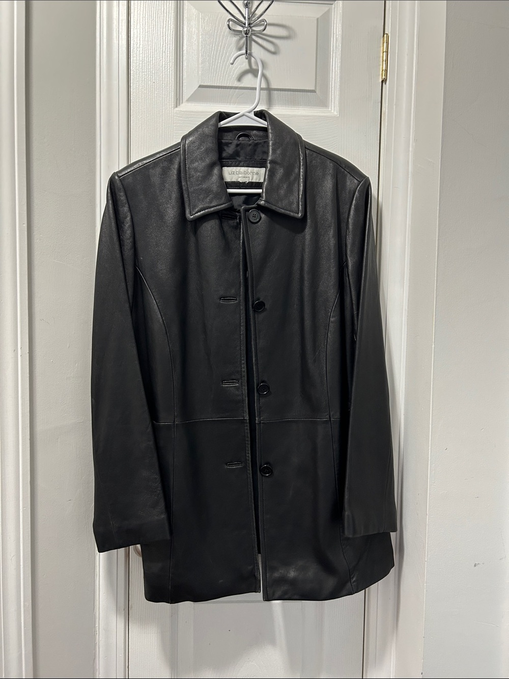Liz Claiborne Black Leather Button-Front Coat